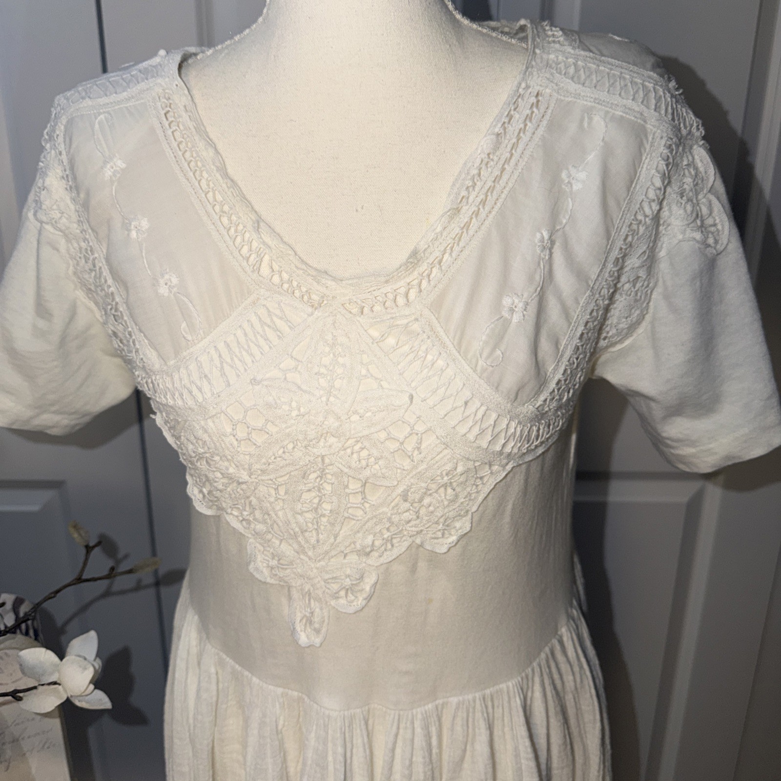 80’s Vtg Prairie Victorian Cottage Core Yolk Lace Maxi Dress Size Small USA S