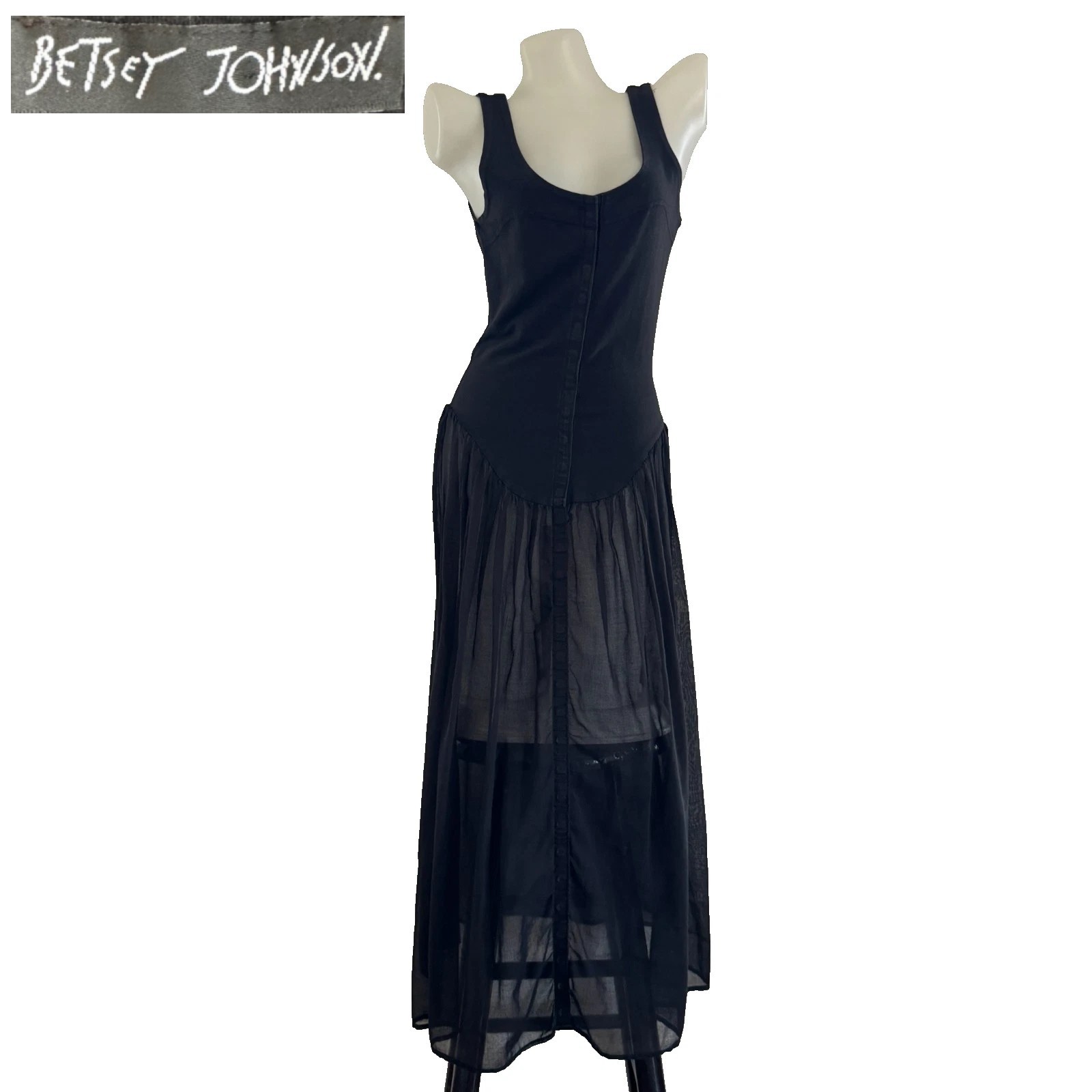 90s vtg BETSEY JOHNSON Black Maxi SNAP BUTTON Dress SHEER Skirt Cotton Spandex M