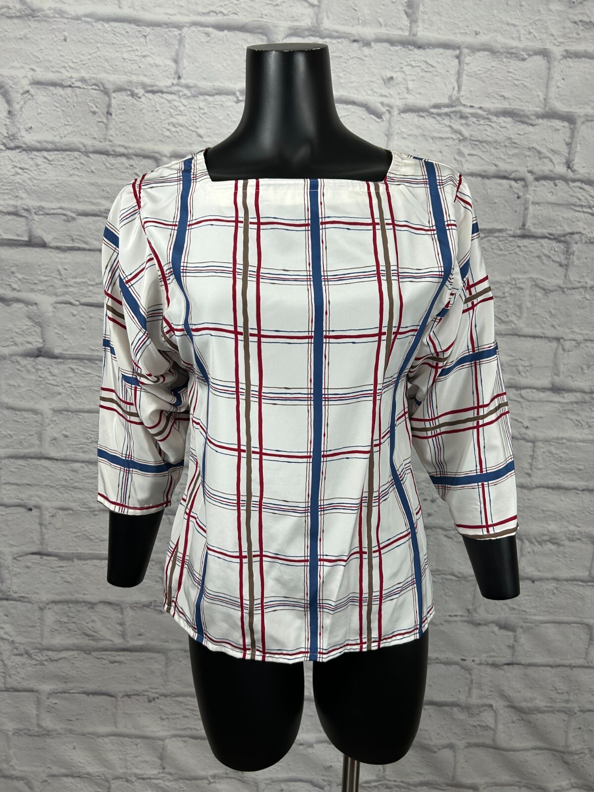 Panter 3/4 Sleeve Square Neck Shirt Blouse Plaid Women’s Size 7/8 Vintage 80s