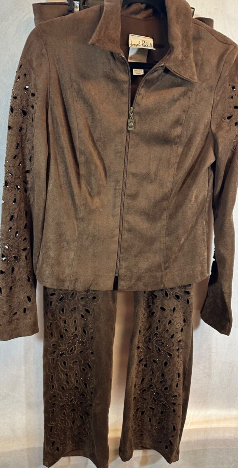 Vintage Joseph Ribkoff 6 Faux Brown Suede Pantsuit With Floral Cut OutsTrim D46