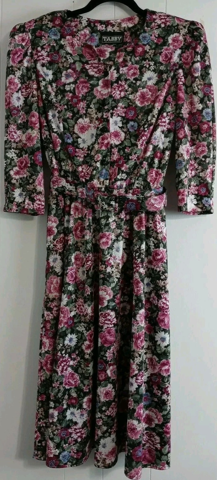 VTG 80s Tabby of California Purple Dark Floral Dress S Puff Sleeve Elastic Waist