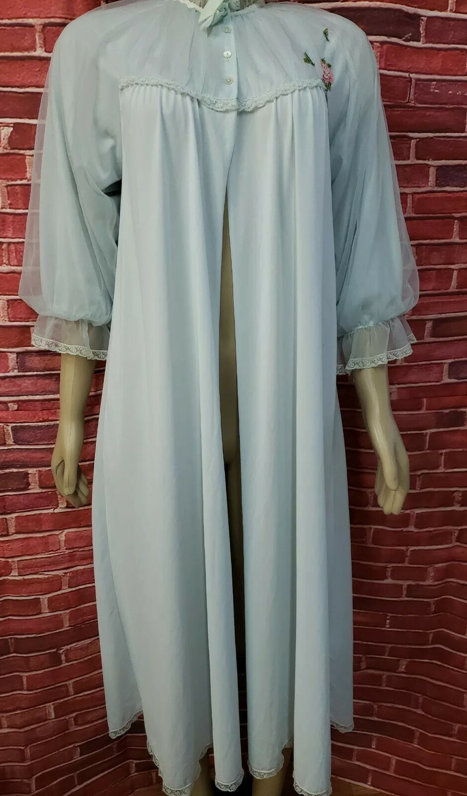 Vintage Laros Size Small Women’s Nightgown Slip Romantic Robe Blue Nylon Lace #