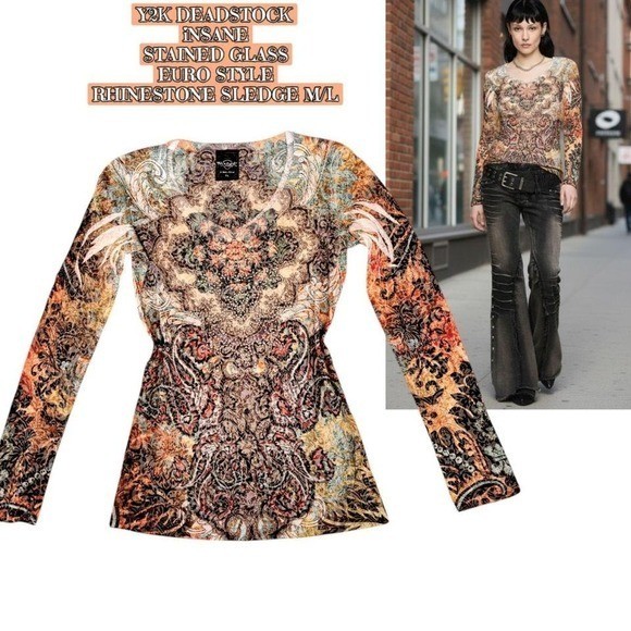 🎨DEADSTOCK Y2K EURO STYLE Stained Glass INTRICATE Bling Top – XL (Fits M/L)