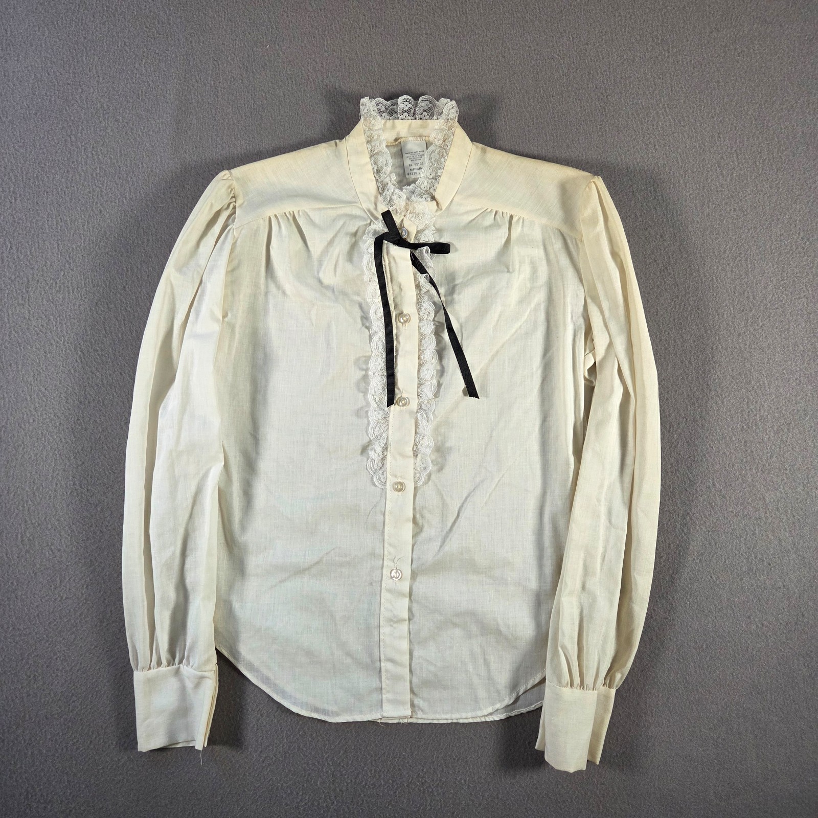 Vintage 60s Blouse Womens Medium White Lace Victorian Bow Puff Long Sleeve
