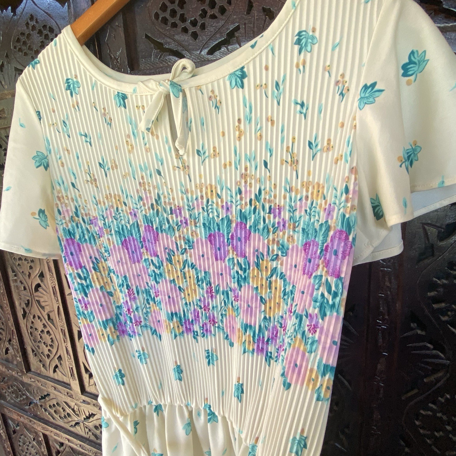 VTG Handmade Floral Leaf Pleated Dress Womens S/M Pastel Cottagecore Prairie S/S