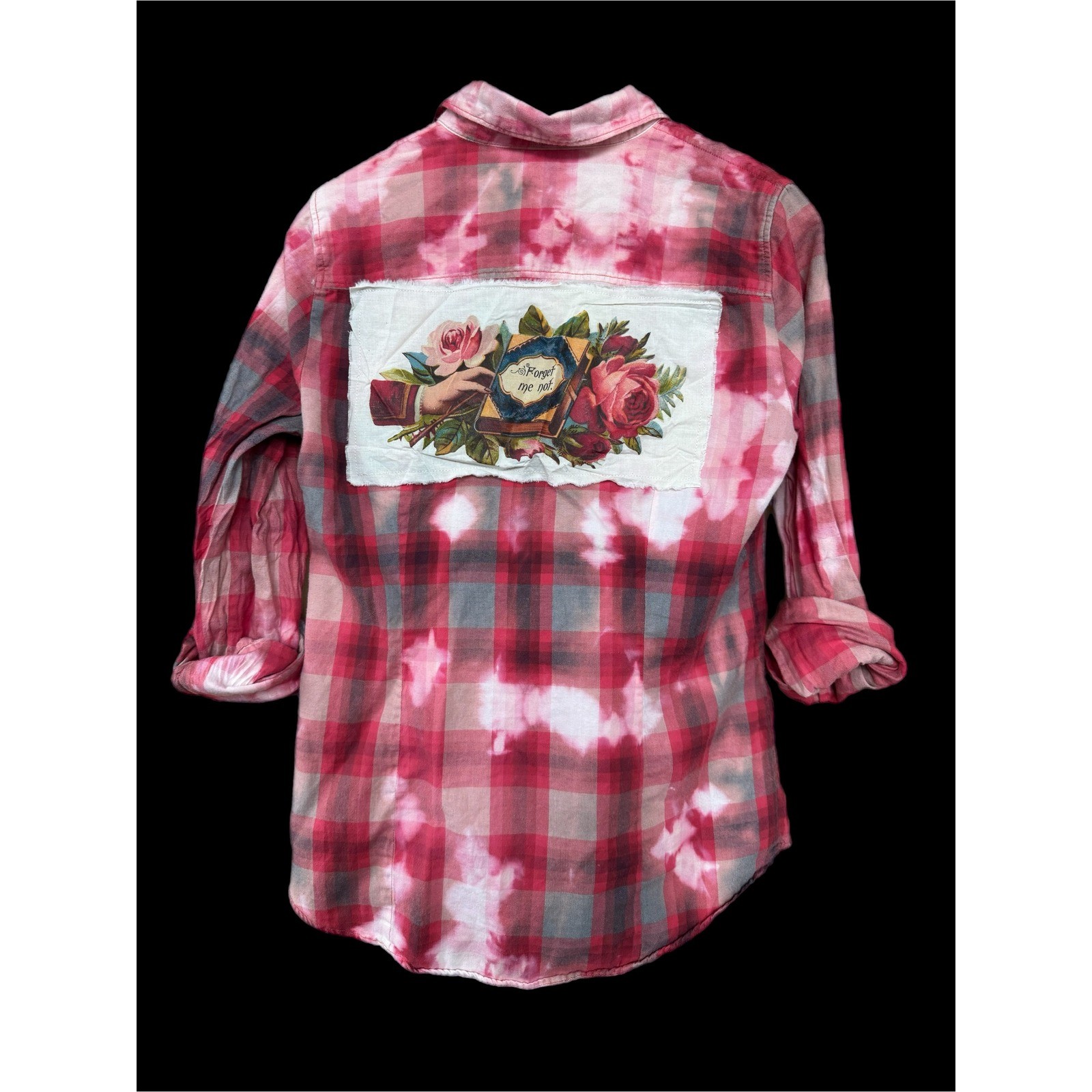 Upcycled J.Crew Pink Red Plaid Shirt Small Vintage Image „Forget Me Not” Back