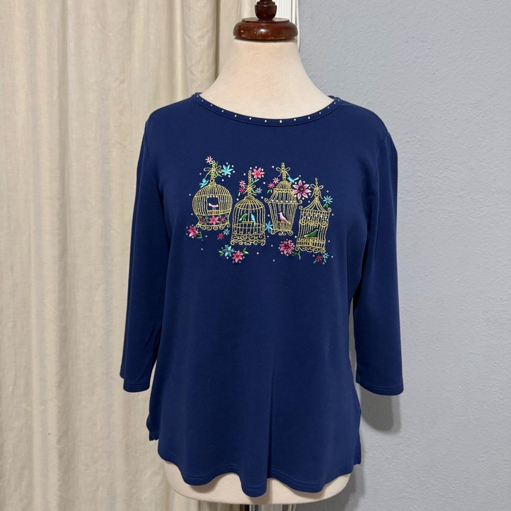 Vintage 1995 Quacker Factory Top M Navy Blue Birdcage Embroidered Rhinestone
