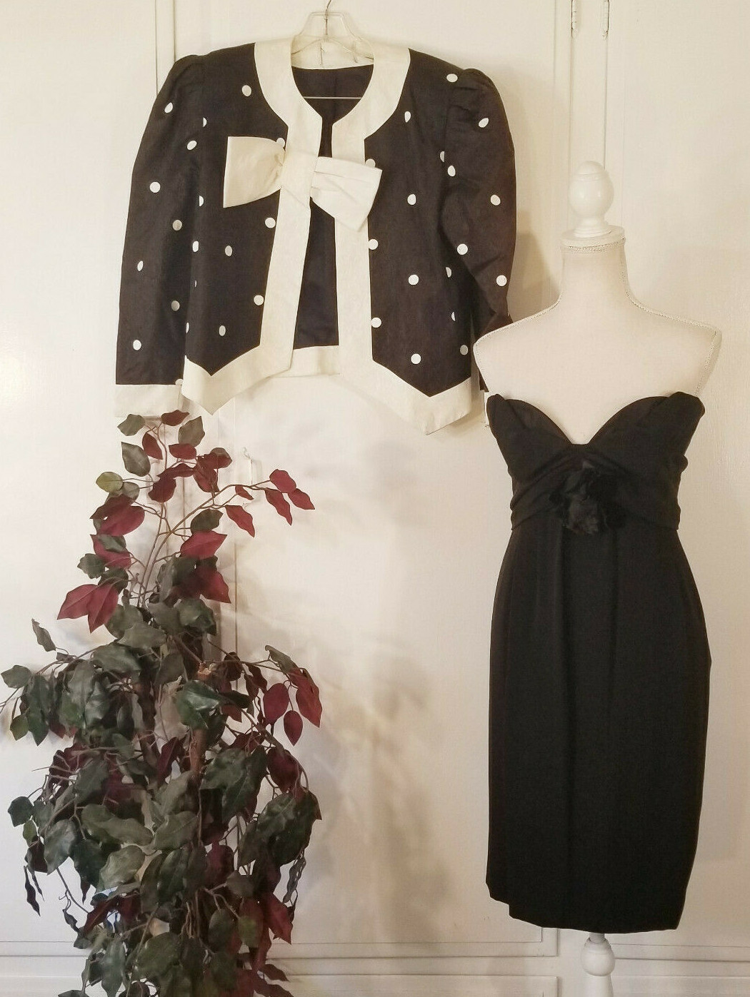 Black Strapless Dress w/Polka Dot Jacket USA Vintage Size 10 by Carolyne Roehm