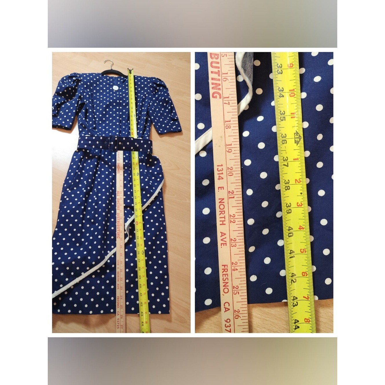 Vintage Choon California Dress Blue White Polka Dots Belt Pockets Est Size XS