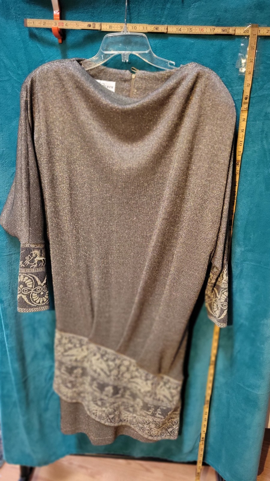 Lillie Rubin Gold Metallic Blouson Sleeves Greek Figures Trim Large Formal Dress