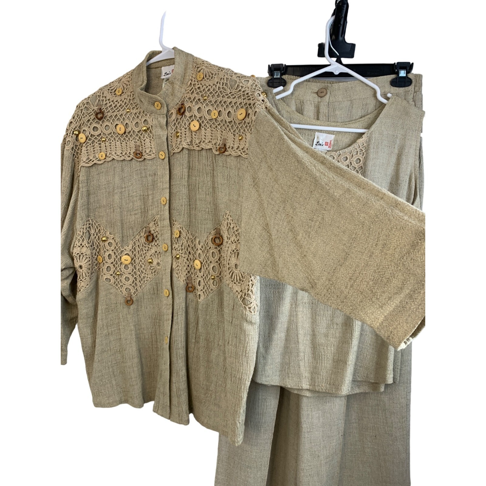 Rare Womens Lim’s VTG 3 Piece Crochet Linen Pant Suit GrannyCore M/L USA 7158