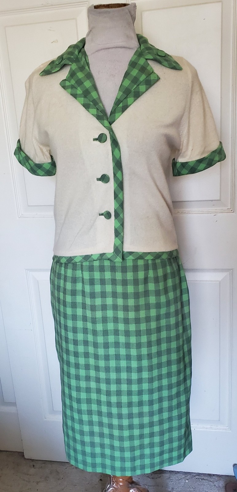Vintage 50s Two Piece Checked Sweater Skirt Set Green Gray Orlon Wool B36