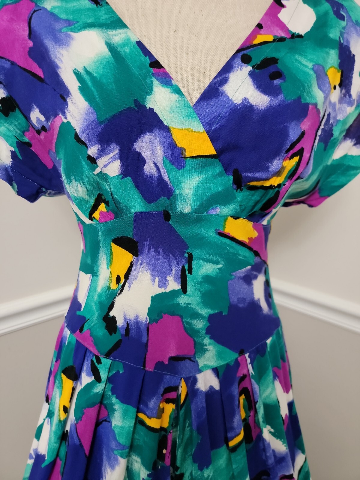 VTG’80s R.E.O Abstract Pattern Tea Garden Dress / Puff Shoulder Rockabilly