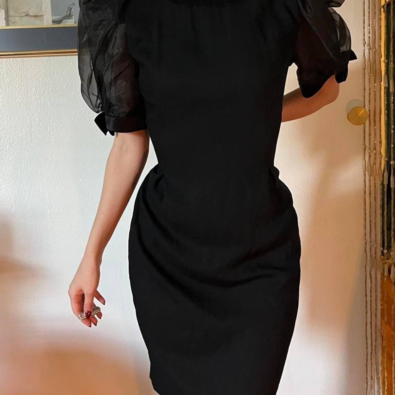 Vintage 1980s Michael Marcella Black Cocktail Dress Huge Puff Sleeves