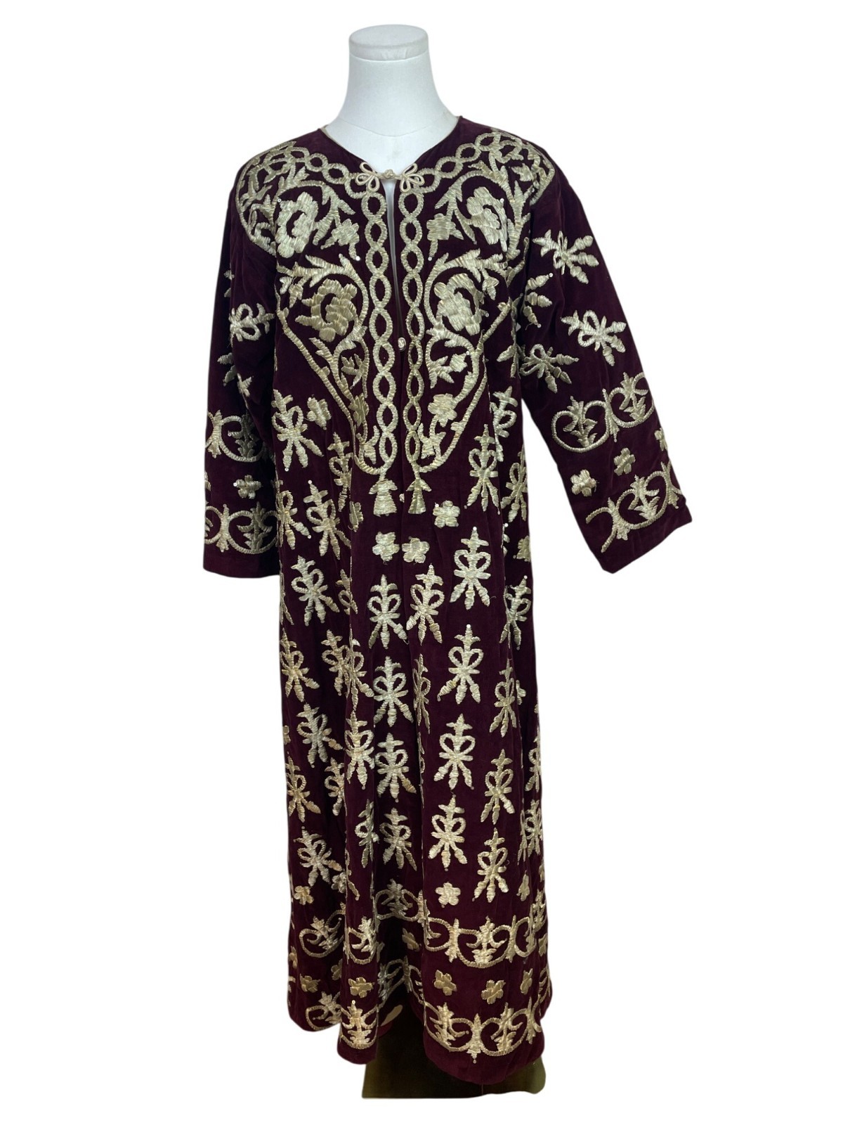 Vintage Women’s Velvet Burgundy & Gold Tone Embroidered Kaftan Dress