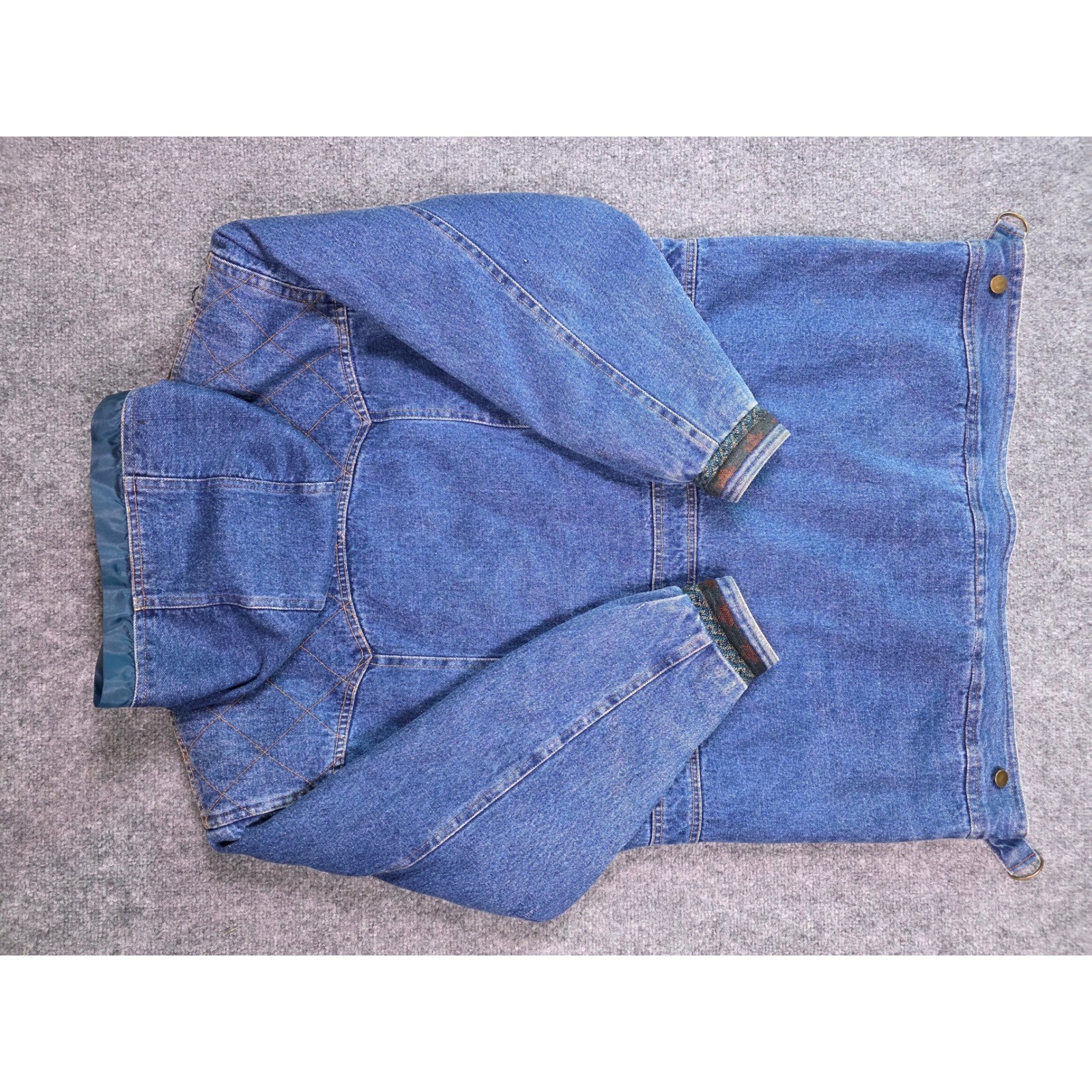 Vintage 90s Southwestern Aztec Denim Jacket Womens M Hooded Blanket Lined Long