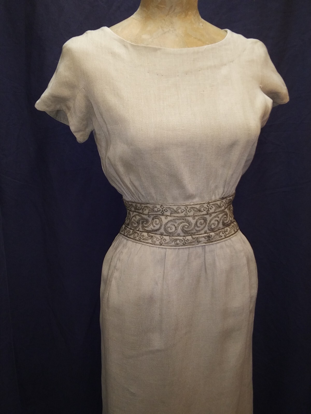 Vintage 1950’s Tan Linen Brown Embroidery Dress & Jacket Carlyle Moygashel S