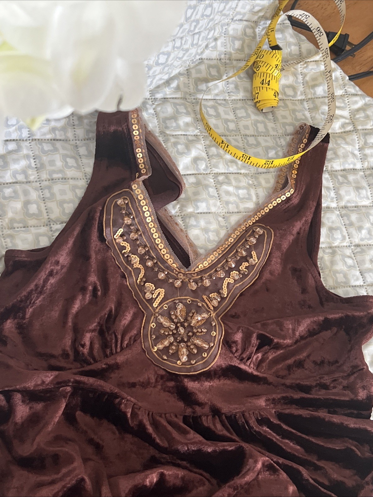 Vintage Express, Brown, Gold Sequins And Beads, Boho, Summer Top, Sz S. Sweet!