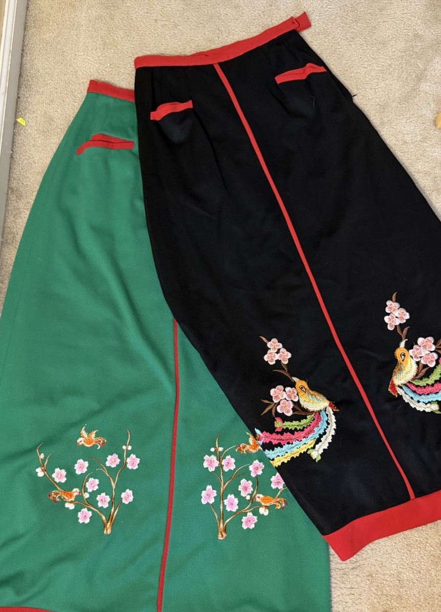 2 Vintage Handmade Embroidered Maxi Skirts Asian Bird & Cherry Blossom 24 Inches