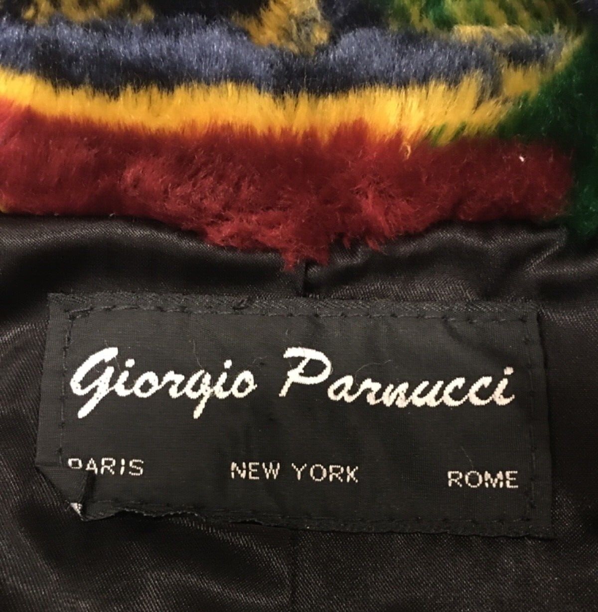 VINTAGE GIORGIO PARNUCCI PARIS NEW YORK ROME ROYAL/CROWN FAUX FUR COAT SZ LARGE 