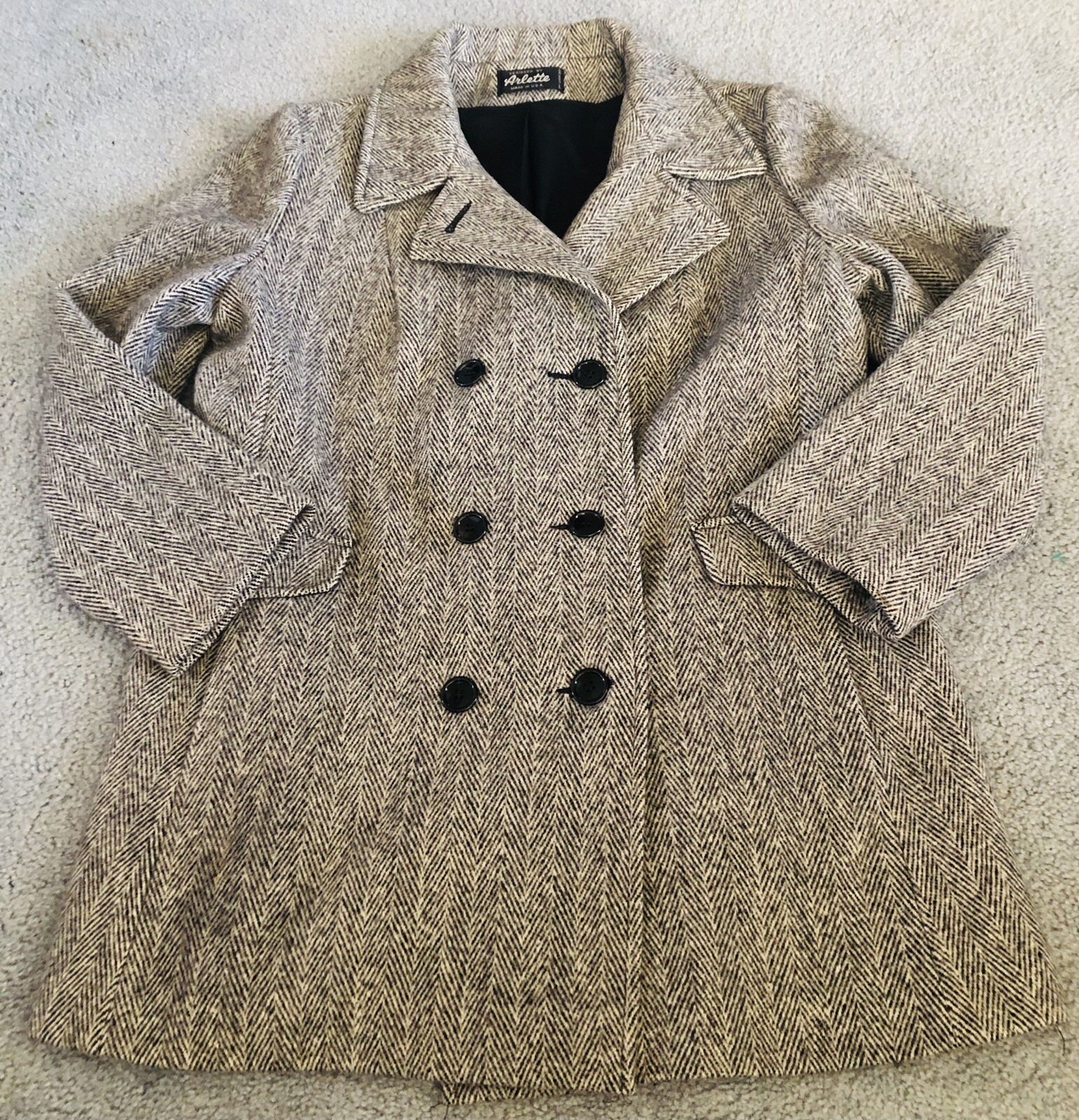 Arlette Double Breasted Wool Coat Women’s L USA Made Gray Academia Quiet Luxury