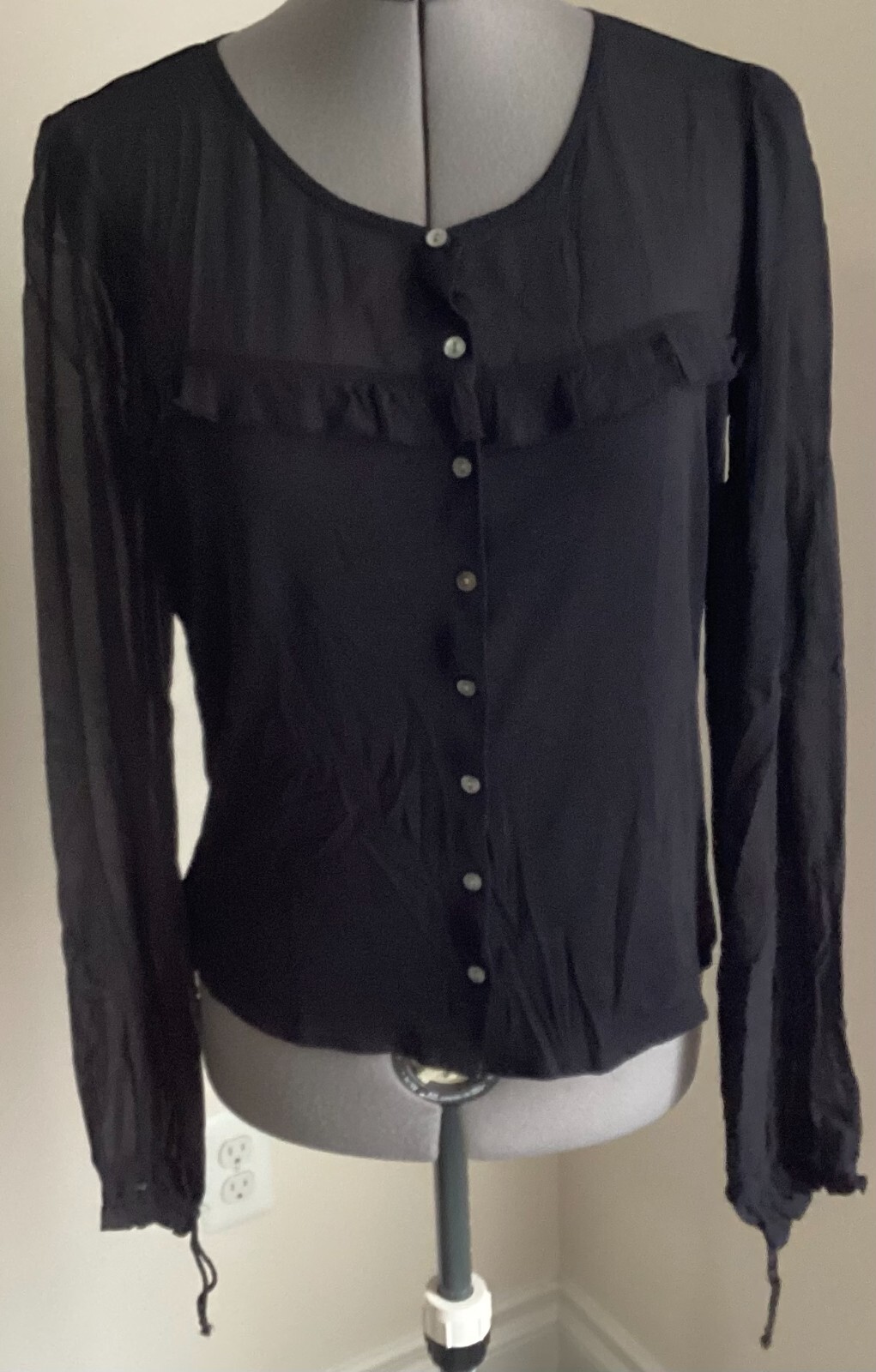 VTG Lance Karesh shirt black small silk button front sheer ruffles tie sleeves