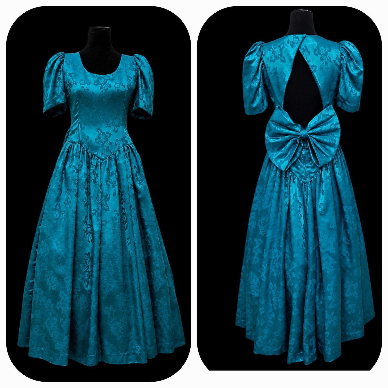 VTG 80s Emerald Satin Ball Gown Puff Sleeve Prom Formal Evening Dress Bow #1