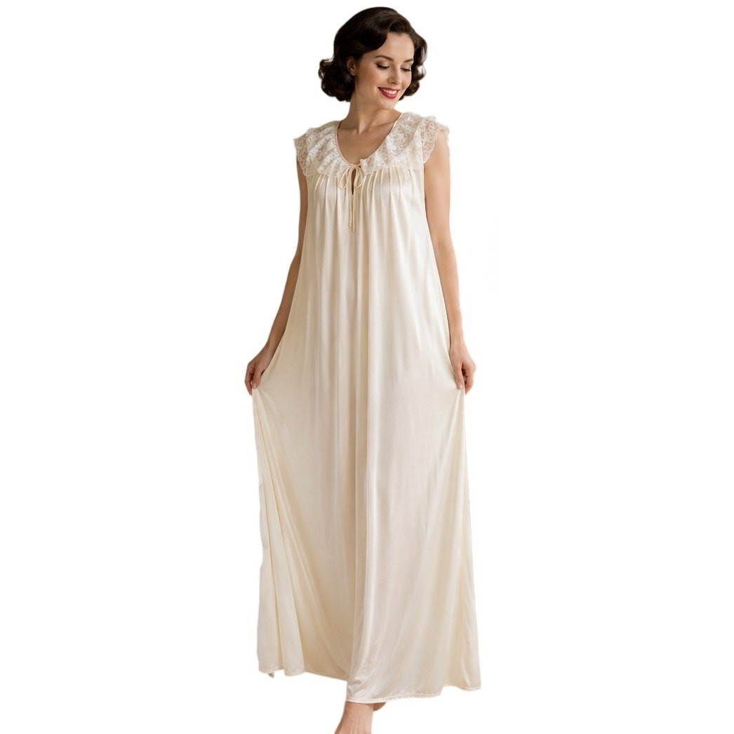 VTG Odette Barsa Ivory Nylon Nightgown Sz L Lace Collar Bridal Romance NWOT
