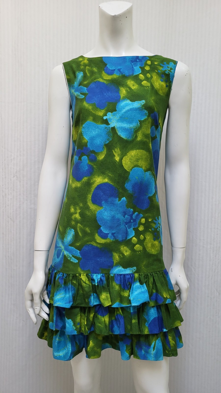 Vintage 1960s SUN FASHIONS HAWAII Blue Green Floral Ruffle Dress – Size XS – EUC
