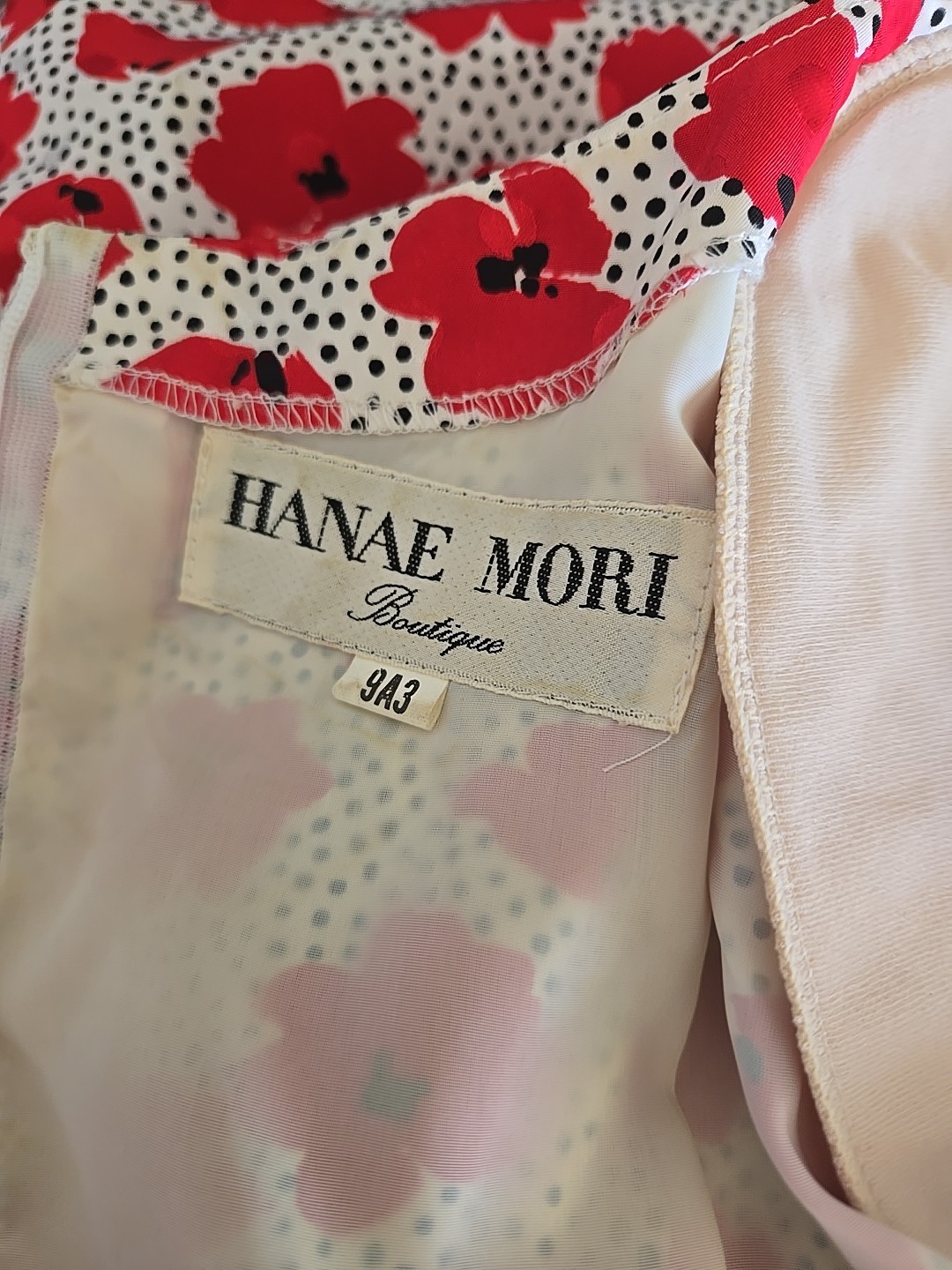 Vintage Hanae Mori Boutique side bow S Midi Dress Red White Black dots Floral