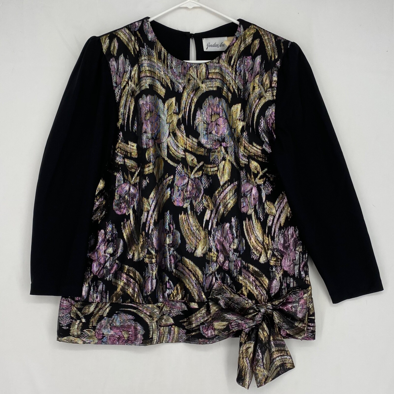 Jordan Ari Womens Vintage Large Pullover Blouse Black Purple Metallic Floral USA