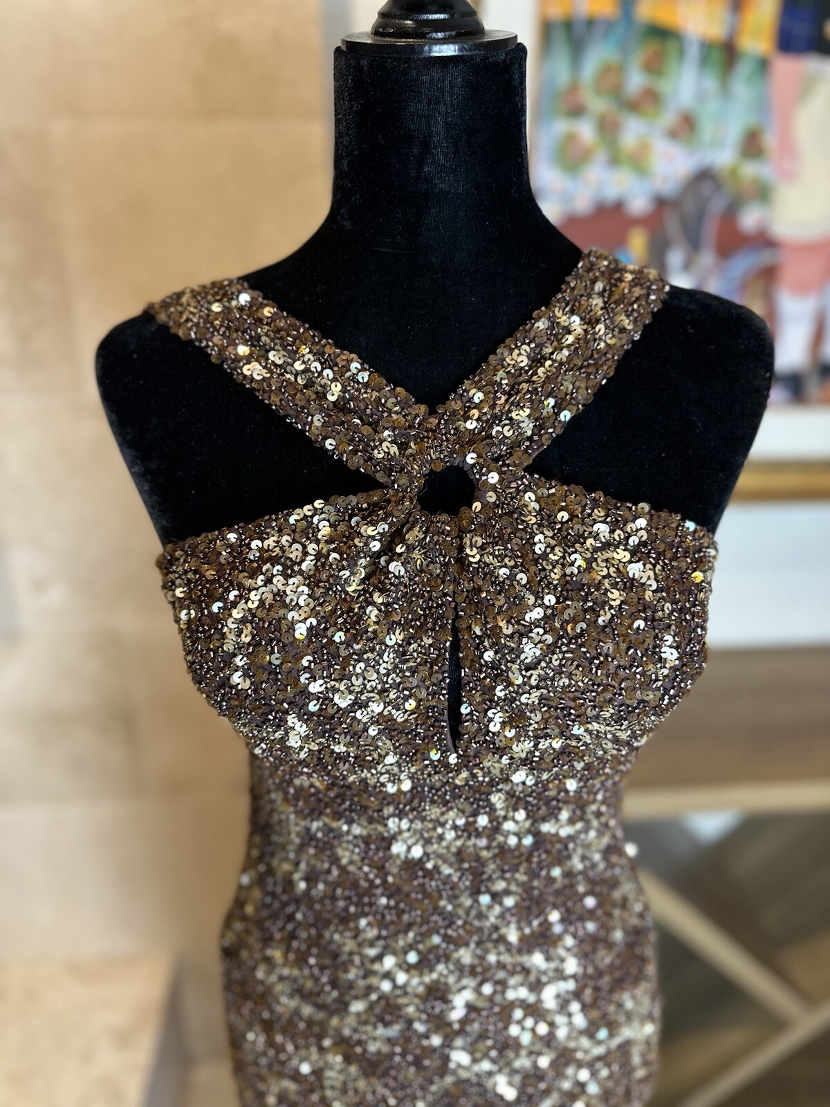 VTG Scala Glass Beaded Sequin Chocolate Brown Long Dress Halter Top US M 6 Silk