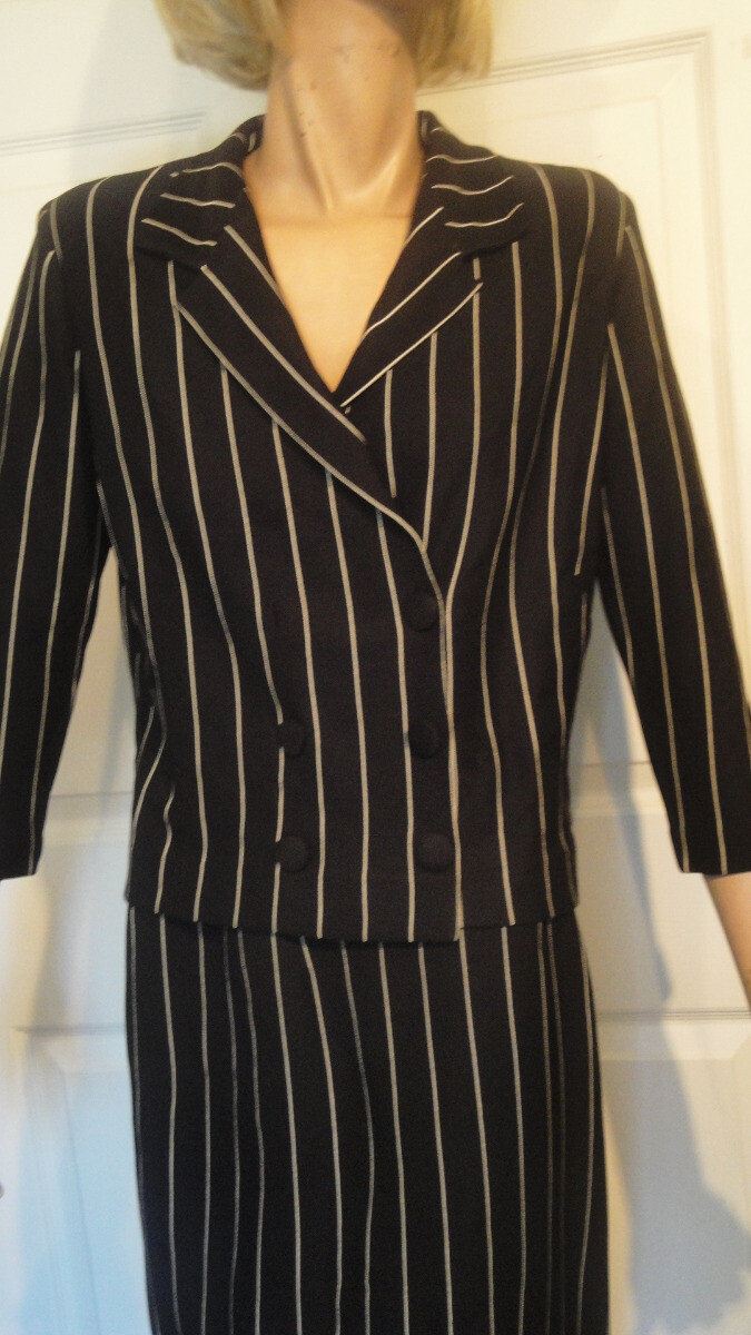 Vintage Black Pin Stripe Silk Double Breasted Suit Italy B40 Size 12 Flaminia