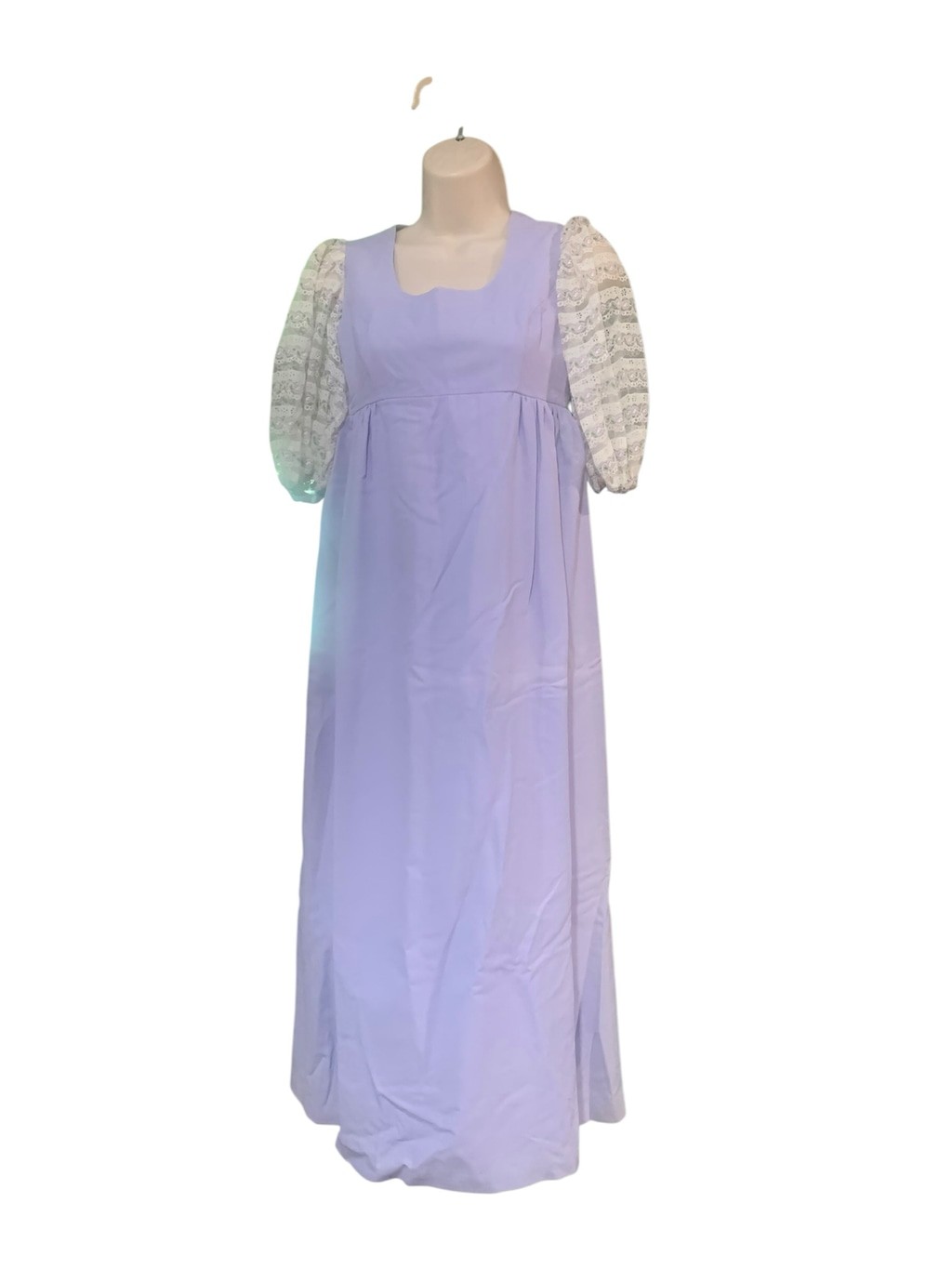 Vntg 60’s empire waisted regency lace puff sleeved lavender maxi dress sz xs