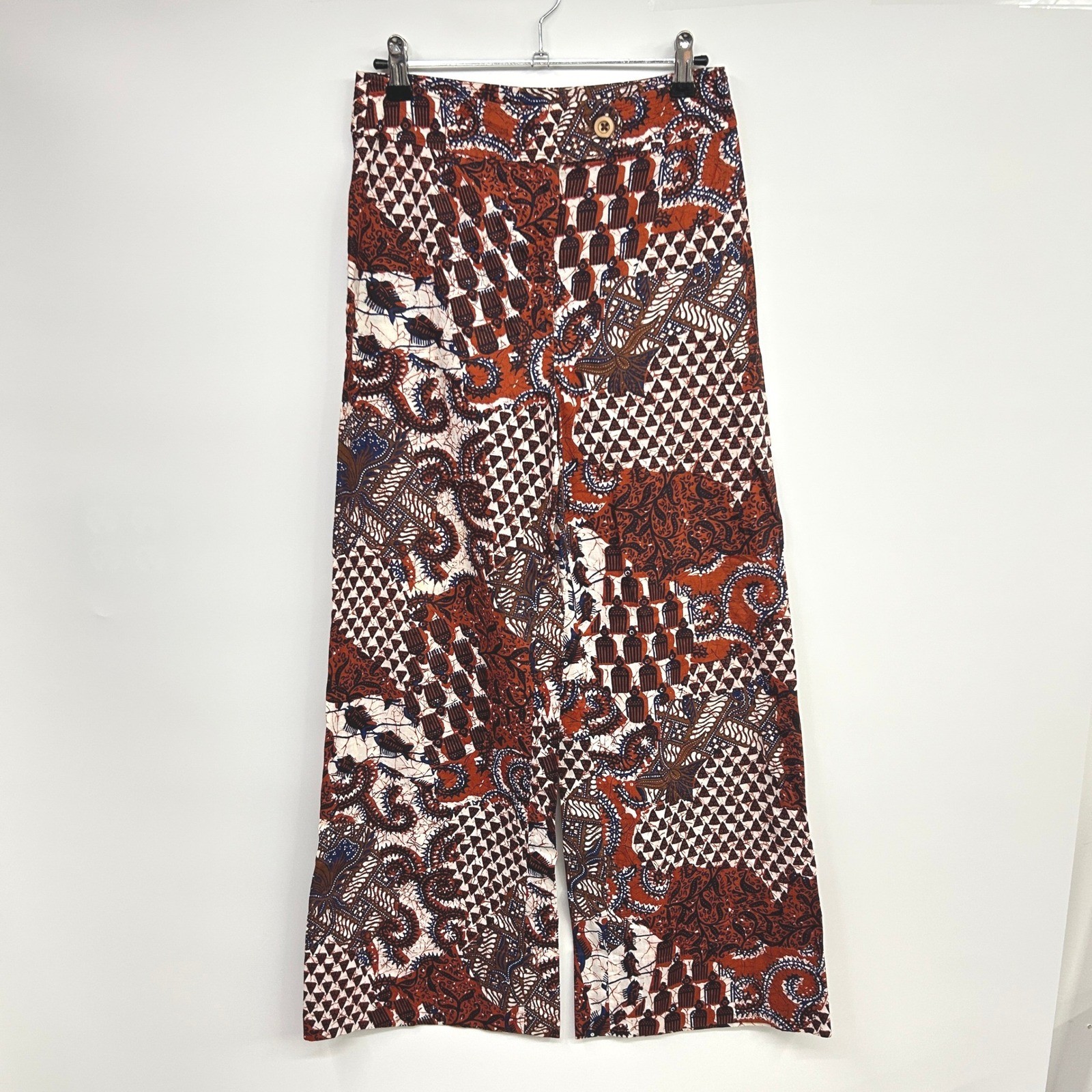 Vintage 70s Batik Wide Leg Pants 11/12 Rust Blue Boho Ethnic Hippie Earthy