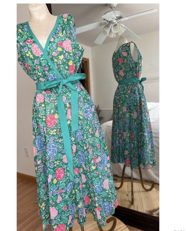 Vintage 70s Kappi Green Floral A Line Dress Tie Waist Easter Estimated Small