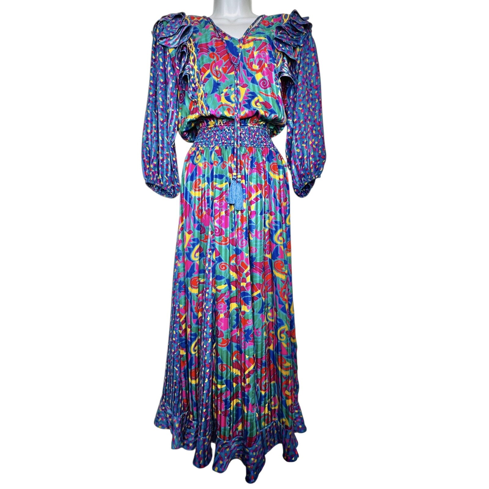 Jaymee Papell Vintage 80’s Beautiful Maxi Dress Cinch Waist Tussles Artsy Sz.Sm