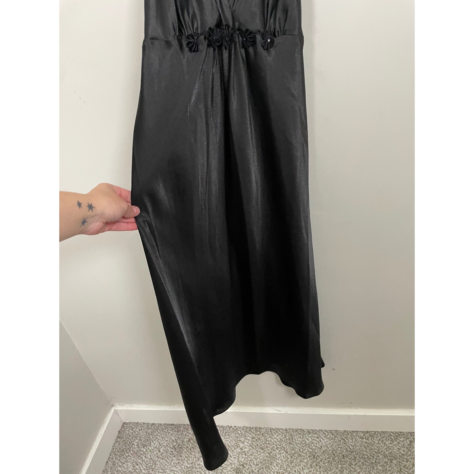 Vintage Oscar De La Renta Black Satin Midi Slip Dress Size Medium Romantic Fairy