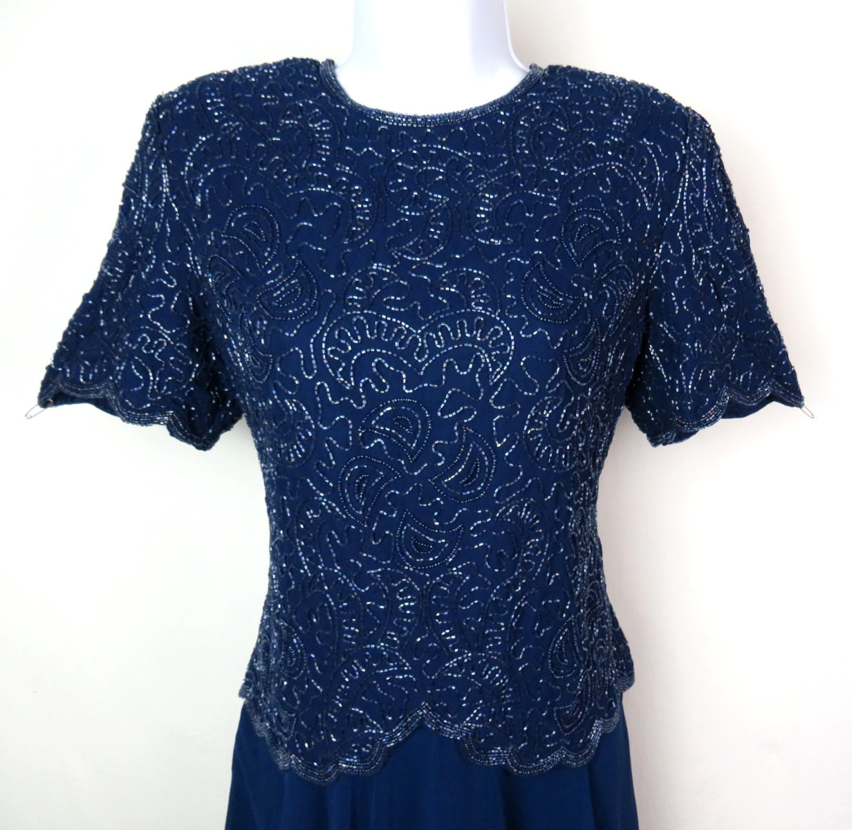 VTG 1980s BRILLIANTE BY JA BLUE BEADED DRESS SIZE PM POLY CHIFFON