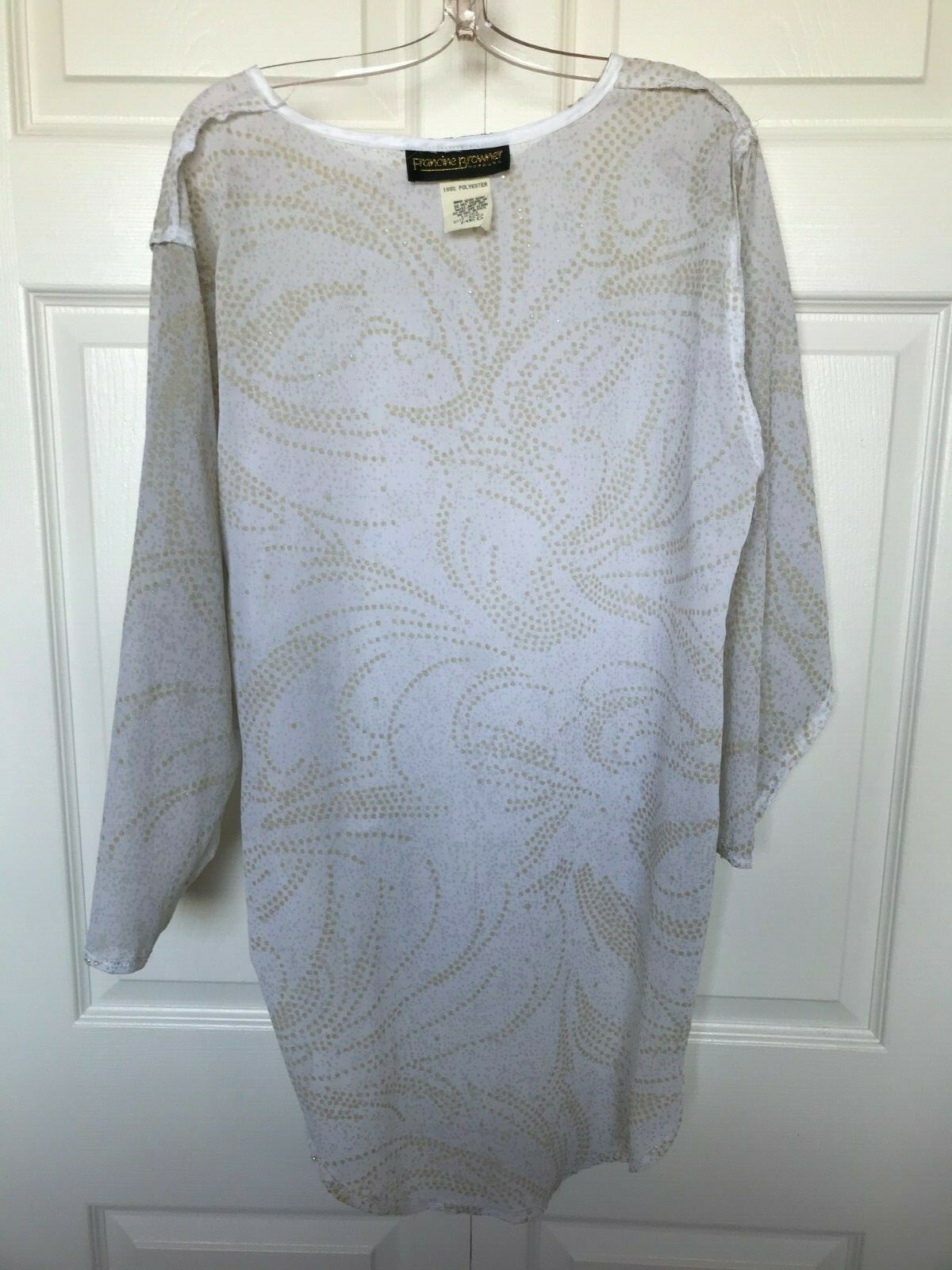 Women vtg disco blouse beads sequin top white gold Francine Browner Rumours 44″