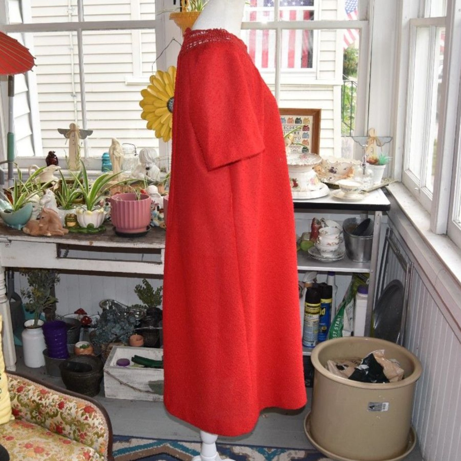 Vintage Leslie Pomer Red Knit Shift Dress Crochet Yoke ILGWU USA Women’s XL