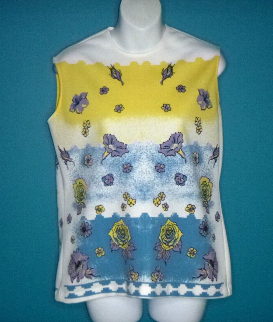 Vtg 60s 70s MOD Polyester Knit Novelty Shirt Yellow Lilac Blue Flowers Sz S/M