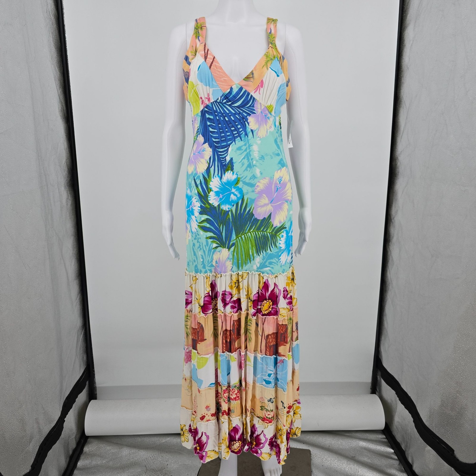 Vintage 1990s Globe Trotter Bali Patchwork Rayon Tropical Maxi Sundress (M)