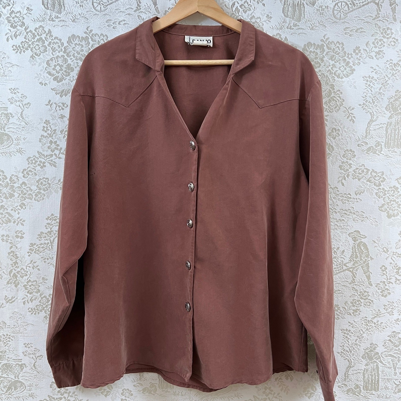 Vtg Banjo Shirt Western Brown Classic Norm Long Sleeve Button Up Cowgirl Top XL