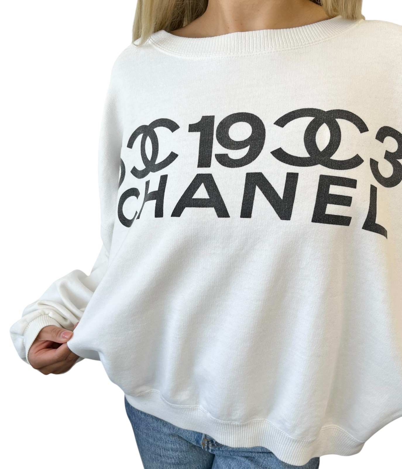 CHANEL Vintage CC Logo Sweatshirt Top White Black Cotton Long Sleeve 901974