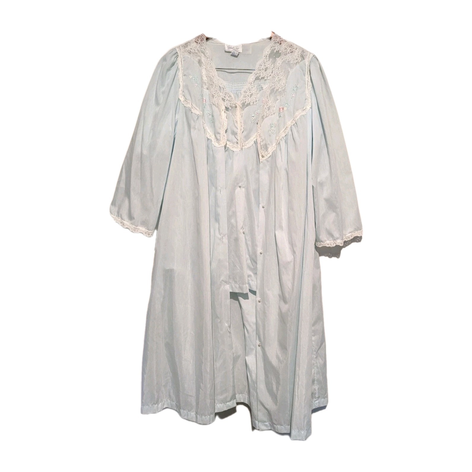 Vintage Baby Blue Vanity Fair 3 pc Pajama Set With Robe Embroidery Lace L S/S