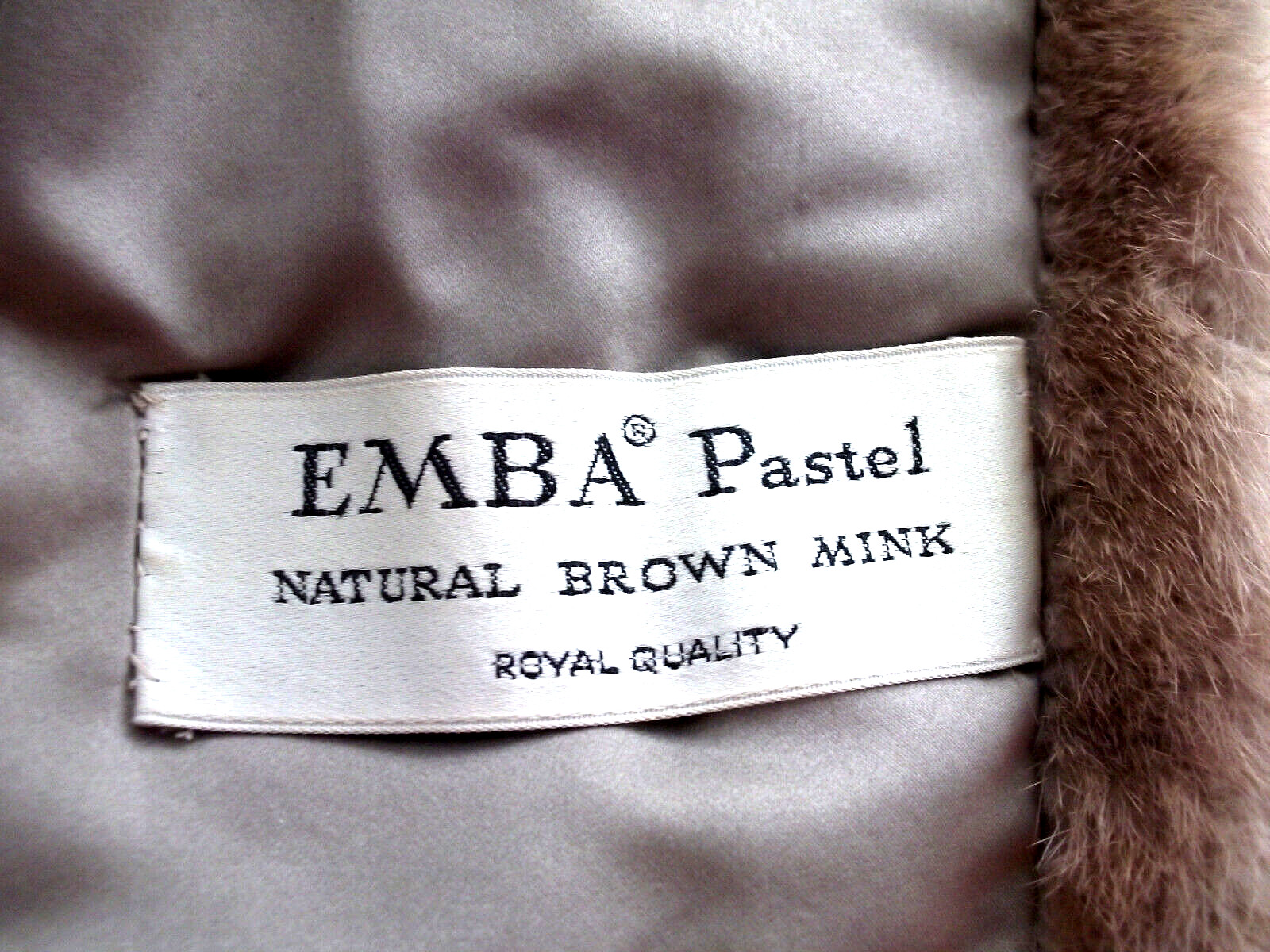 Vtg USA 60s EMBA Pastel BN MINK Emb Satin LD 3/4 Slv Pks Col 2 H&E JACKET/Sz M/L