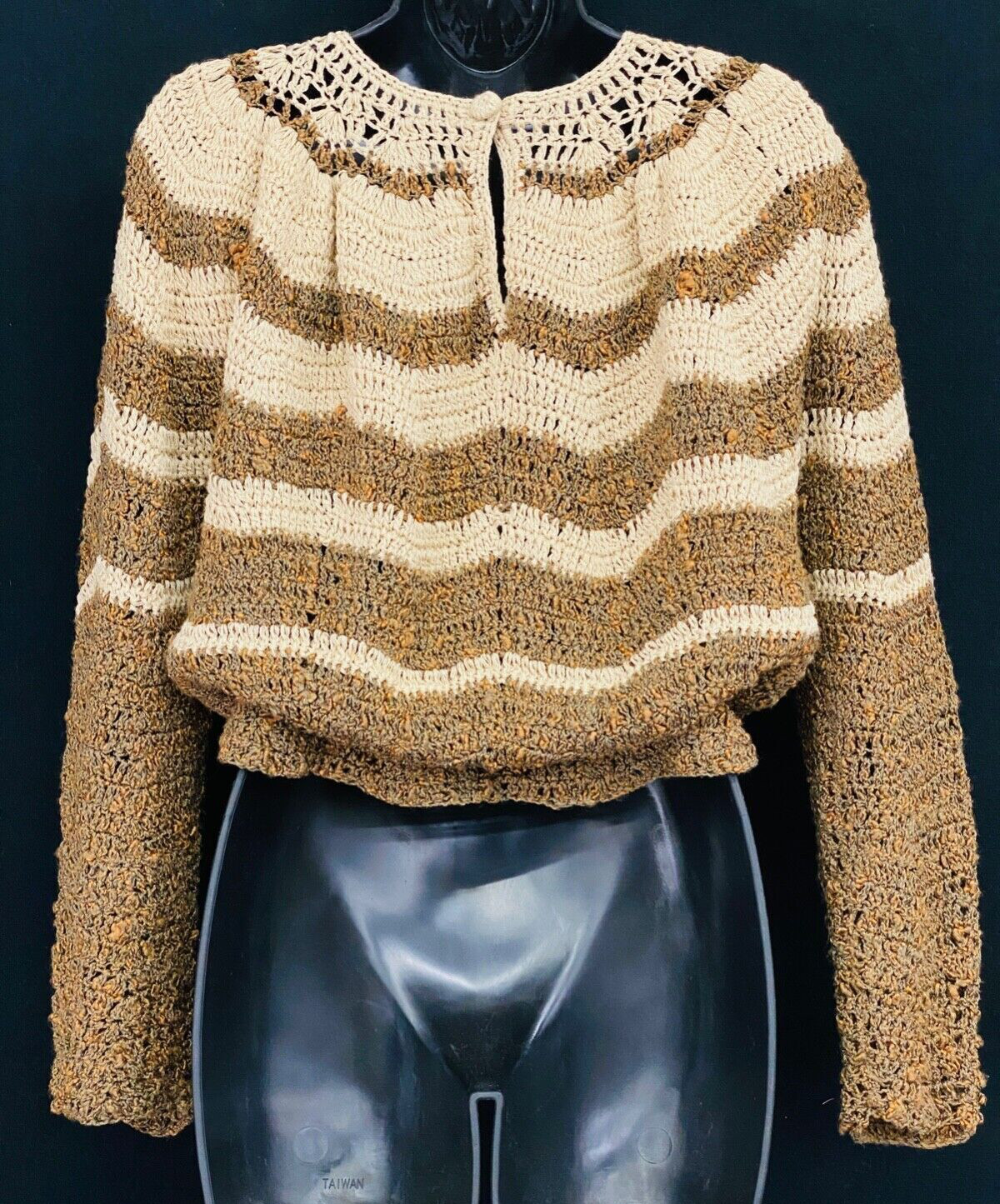 Vintage 1970s brown tan striped sweater, chevron crop Victorian oversized lace