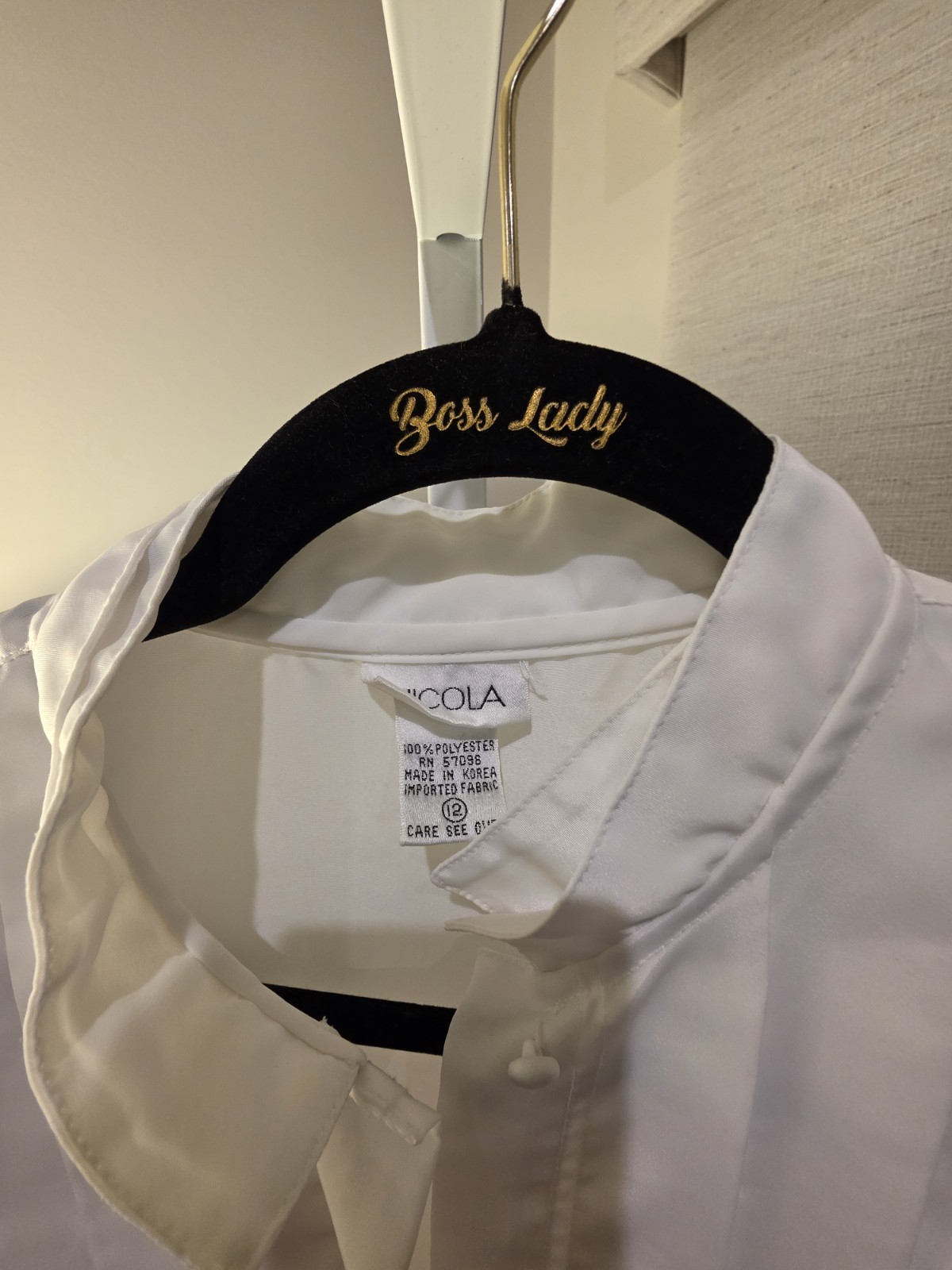 VTG Satin White High Collar Tuxedo Style Victorian Look Blouse Sz. 12