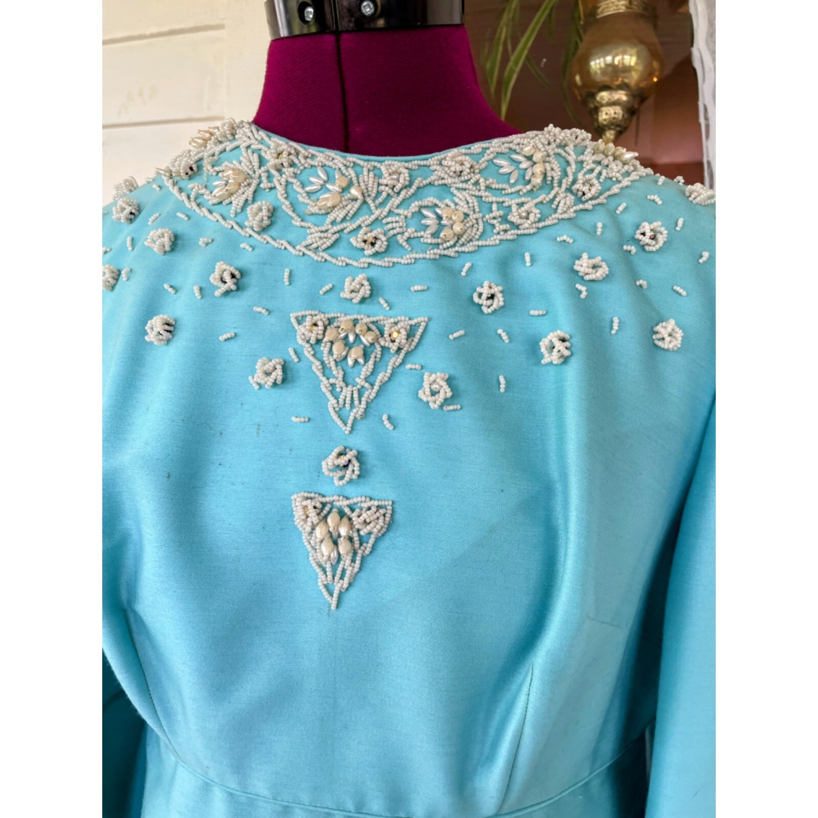 Vintage 1960s Blue Heavy Beaded Silk/wool Blend Midi Dress
